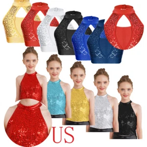 Kids Girls Sparkle Halter Sleeveless Latin Dance Crop Top Vest Shirt Sports Bra - Picture 1 of 138