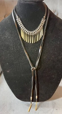 Lucky Brand Two Tone Chain Link Choker Black Leather Bolo Wrap Necklace - Image 1 of 3