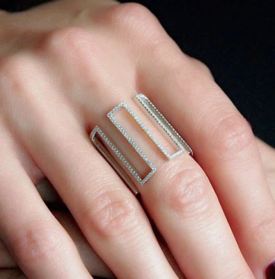 Lab-Created Round Cut 0.85CT Diamond 935 Argentium Silver Unique Geometric Band - Image 1 of 3