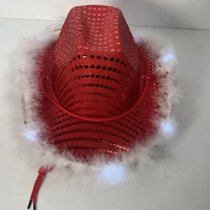 Adult Light Up Cowboy Cowgirl Hat LED Red Sequin Iridescent White Feather Trim - Picture 1 of 7