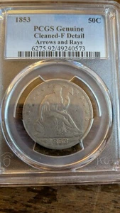 1853 Half Dollar w/ rays and arrows. PCGS graded F det. - cleaned. - Picture 1 of 4