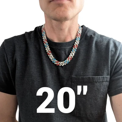 Collar de gemas de cadena de eslabones cubanos inclinados helados plateados, rojos, blancos y azules (20"-28") Foto 1 de 4