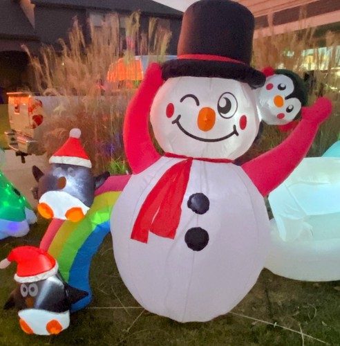 6 Foot Tall Inflatable Snowman w/Penguins On Rainbow Slide Color LED ...