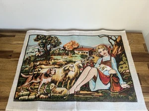 Large Handpainted "Farm Girl w/Lambs" TAPESTRY CANVAS- Unused- 74x50cm - Picture 1 of 19