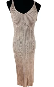 Freshman 1996 Cream Crochet Knit Maxi Dress M Lined Stretch Boho Chic Coastal - Picture 1 of 16