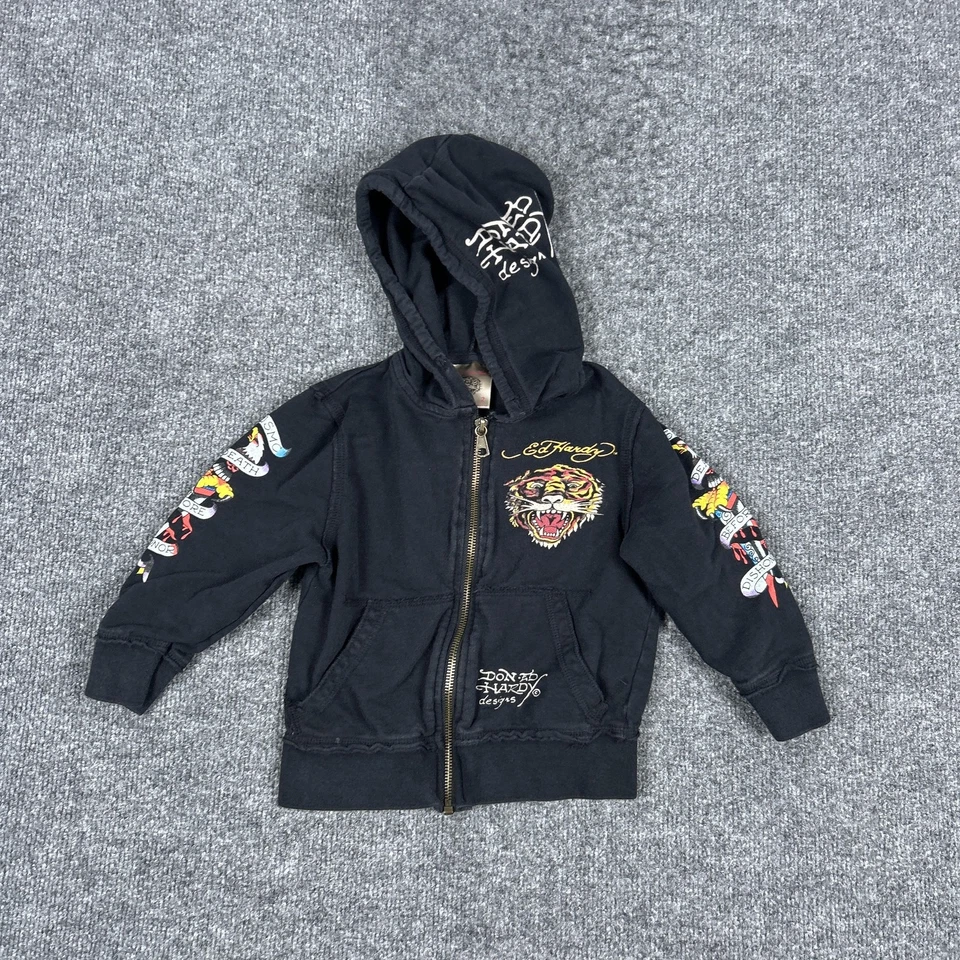 Ed Hardy Sudadera con Capucha Juvenil Talla 2 Negro Tigre Muerte Antes de Dishonor Tatuaje Cremallera Chaqueta Foto 1 de 4