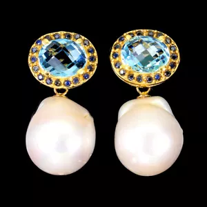 925 Orecchini Argento Sterling Ovale Topazio Blu 10x8mm Mozambico Perla - Foto 1 di 9