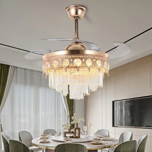 42'' Gold Retractable Ceiling Fan Invisible Fan Light Modern Crystal Chandelier - Picture 1 of 8