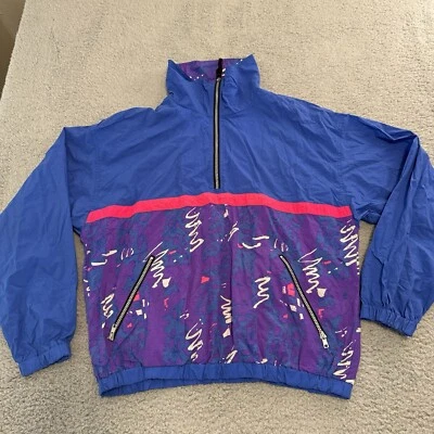 OP Zip Up Jacket LG  Blue Neon 90s Windbreaker Ocean Pacific One Planet Vintage - Image 1 of 4