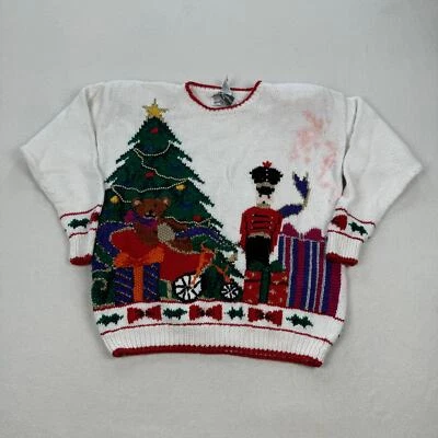 Suéter Vintage Navidad Talla Pequeña Blanco Cuello Redondo Árbol Cascanueces Tejido a Mano Foto 1 de 4