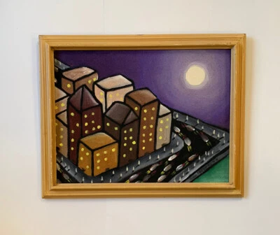 ADAM YEATER ORIGINAL PAINTING CITYSCAPE COMIC ARTIST CARTOON CITY STREET ART - Image 1 of 4