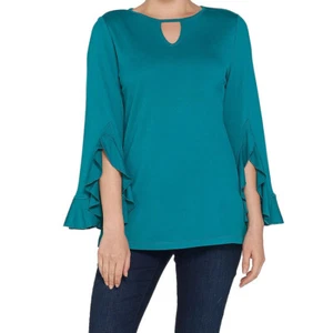 Isaac Mizrahi Top Gr. XXS grün Schlüssellochausschnitt Schlitz Rüschenärmel Bluse - Bild 1 von 5