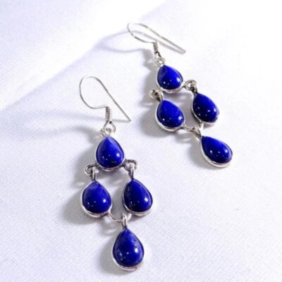 Fatto a Mano 925 Argento Sterling Lapislazzuli Naturale Gemma Pendente Orecchini - Immagine 1 di 4