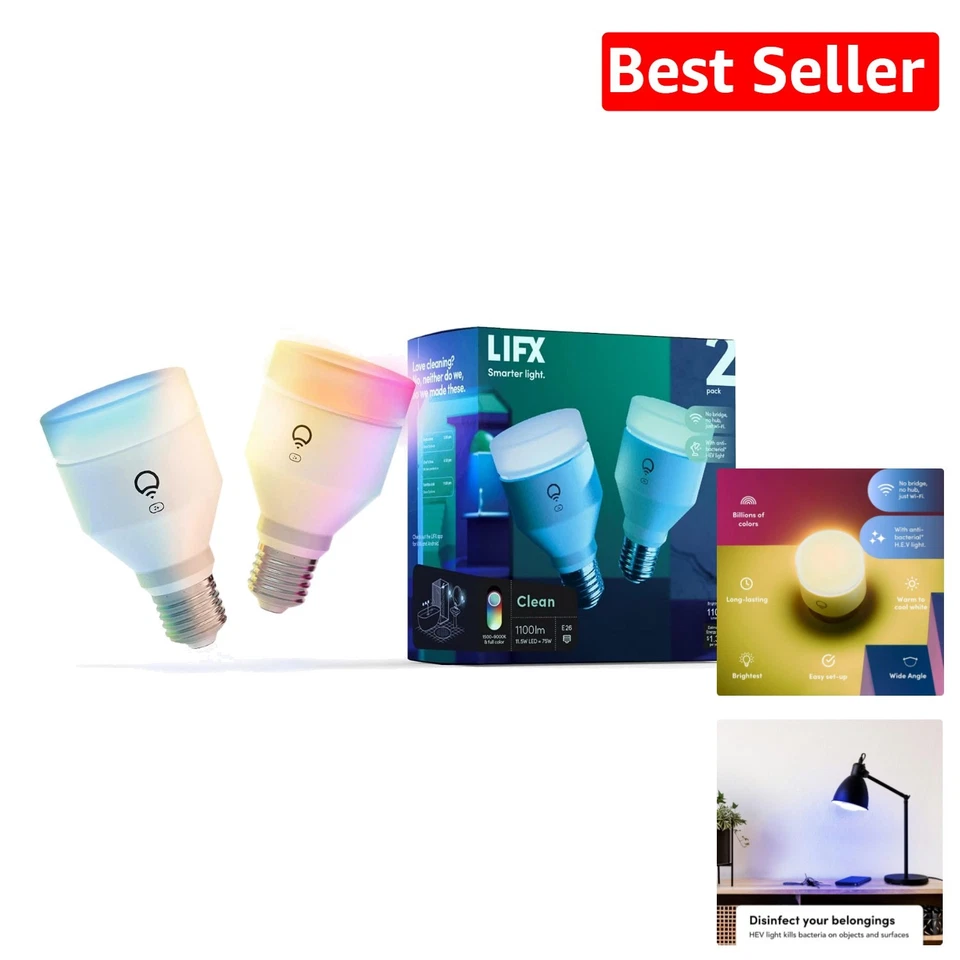 2-Pack A19 Wi-Fi Smart LED Bulb, 1100 Lumens, Full Color & Antibacterial Mode - Image 1 of 4