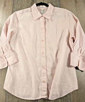 Old Navy Top Womens Large Pink 100% Linen Button Up 3/4 Sleeve Beach Preppy - Image 1 of 4