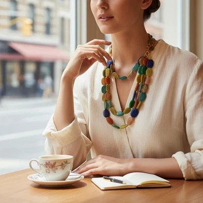 Chunky Multi-strand Polished Gemstone Necklace Oval Natural Statement Adjustable - Image 1 of 4