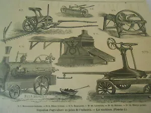 Gravure 1860 - Expo d'agriculture Les Machines locomotive Batteuse Rateau cheval - Foto 1 di 1