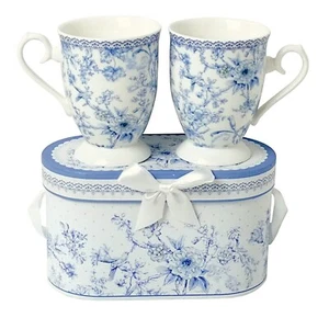 STPGOODS 2-pc Blue Flowers Bone China Mug Set Coffee Tea Mug 2x10 fl oz - Picture 1 of 1