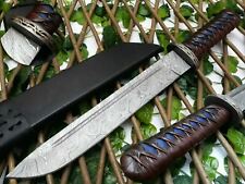 DAMASCUS STEEL CUSTOM HUNTING TACTICAL MACHETE BOWIE KNIFE LEATHER SCAB HANDLE