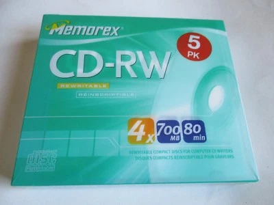 Memorex CD-RW 4X 700MB 80 Min Rewritable Reinscriptible Pack Of 5 NEW — 第 1/2 张图片