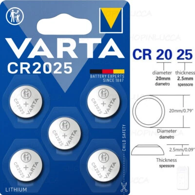 5 Pile CR2025 VARTA top +70% Batterie Bottone Litio Lithium 2025 3v scade 2033 - Immagine 1 di 4