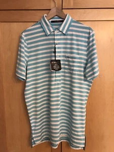NWT RLX Ralph Lauren Performance Striped Golf Polo Shirt Men's Medium Aqua&White - Picture 1 of 7