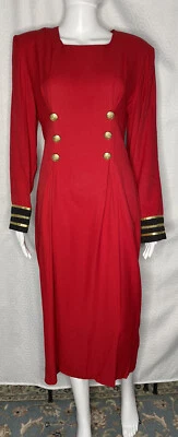 Vintage Red Dress 16 Military Style Gold Trim Midi 1990s - Изображение 1 из 4