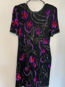 Vintage Laurence 80s Sequin Beaded Black Cocktail Dress 100% Silk Size Medium M - Picture 1 of 8