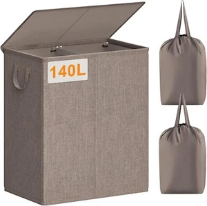 140L 2-Section Laundry Hamper with Lid with Removable Liner Pocket, Collapsible - Picture 1 of 7
