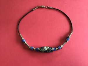 Vintage Necklace On Cord  With Blue Floral Design Porcelain Stones 16 Inch.