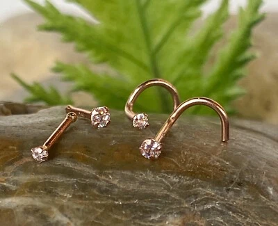 14kt Solid Rose Gold Nose Ring 1.5mm or 2mm CZ Gem 20g 20 gauge stud screw bone - Image 1 of 4