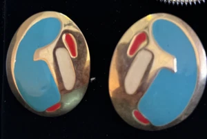 2" Oval Cerulean Blue/Egg Yolk/Gold/Red Cubist runway vintage pierced earrings - Picture 1 of 3