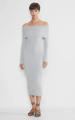 Aritzia Wilfred Clarion Gray Ribbed Bodycon Off Shoulder Dress Large Minimalist - Image 1 of 4