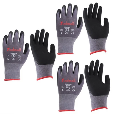 FINDMALL Safety Work Gloves MicroFoam Nitrile Coated Foam Gloves S-Size × 3 Pairs