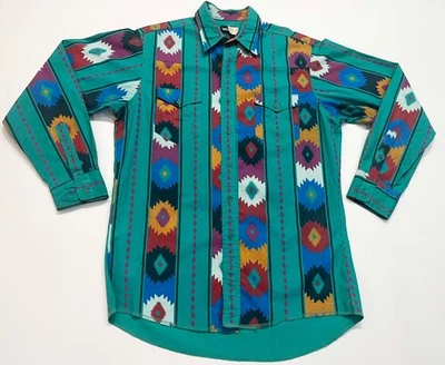 Vintage Wrangler Brushpopper Western Cowboy Aztec Button Shirt Mens 16x35 Thick - Image 1 of 4