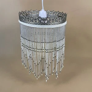 Vintage Silver Beaded Ceiling Light Shade Metal Ring Round Retro Pendant - Picture 1 of 10