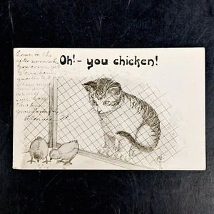 Antique 1911 Fred Cavally - Kitten Chicks Oh - You Chicken! Postcard! - Picture 1 of 3
