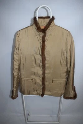 Burberry London Nova Check Beige Real Fur Trim Silk Jacket Coat Women's Size 40 - Image 1 of 4