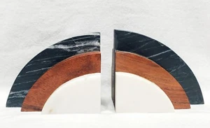 Black And White Rainbow Marble & Wood Bookends Heavy Art Deco Anthropologie - Picture 1 of 7