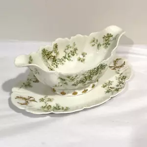 De colección Haviland Limoges Francia porcelana barco salsa adjunta bandeja verde oro - Imagen 1 de 9