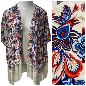 Forever 21 Kimono Womens Medium Boho Fringe Floral Festival Chiffon Cardigan - Picture 1 of 14