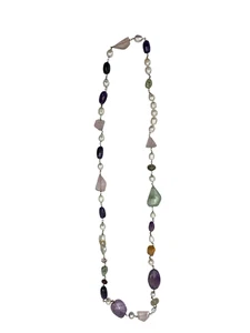 Boho Green Fluorite Crystal Amethyst Cultured Pearl Long Statement Necklace - Picture 1 of 5