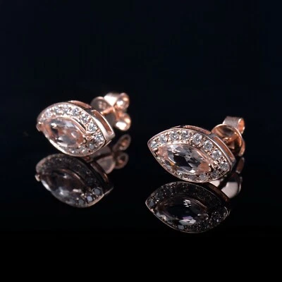 Pendientes de morganita marquesa de oro rosa sólido de 14 quilates con halo de diamantes naturales Foto 1 de 4