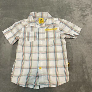 CAT Caterpillar Short Sleeve Button Up Plaid Shirt Kids Boys Size 4 - Picture 1 of 7