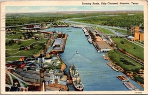 Houston Texas TX Wendebecken Schiffe im Hafen Luftaufnahme Leinen Postkarte PM 1945 - Bild 1 von 2
