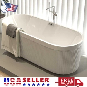 59" Acrylic Freestanding Bathtub W/ Unique Pleated, Oval Gloss White Soaking Tub - Picture 1 of 20