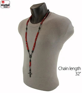 Herren Hip Hop 8 mm ROT Perle schwarz Rosenkranz beten Hand & Jesus Kreuz Halskette BKRD - Bild 1 von 5