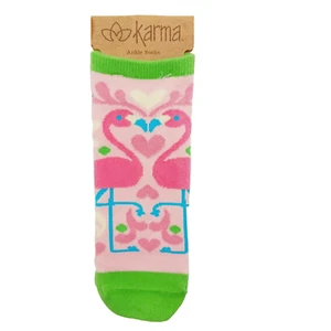 Karma Ankle Socks Women Boy Two Pink Flamingos Heart Flowers Fuchsia NWT NEW - Picture 1 of 7