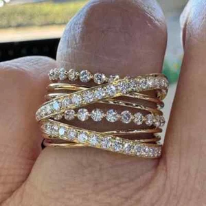 2Ct Round Cut Lab-Created Diamond Criss Cross band Ring 14K Yellow Gold Plated - Picture 1 of 7