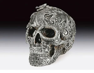 Skull Silver with Dragon Decor Figurine Statue Skeleton Halloween